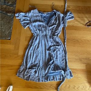 Size small, blue with white stripe dress with wrap around fabric belt